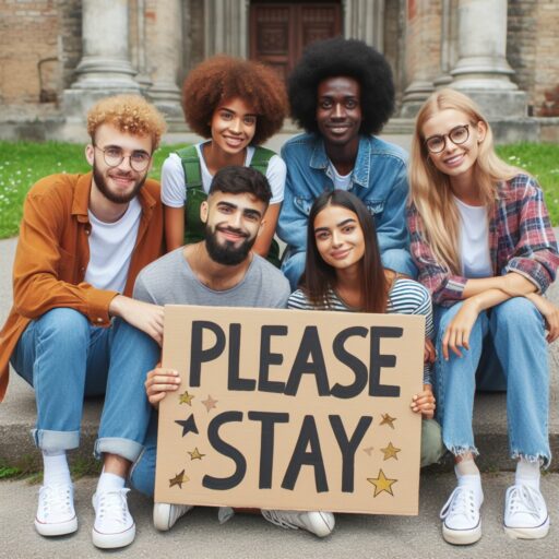 a group of multicultural friends holding a large sign that says "Please Stay"