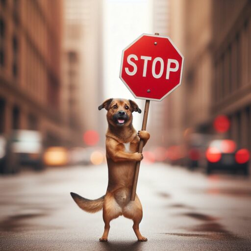A dog holding a stop sign.